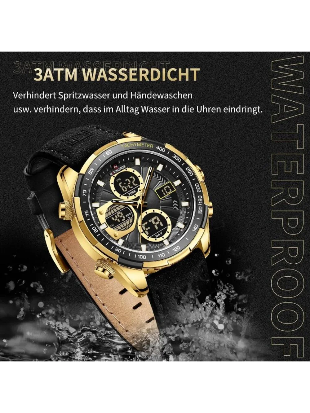 Men's Gold Black Military Digital Analog Quartz Waterproof Leather Wrist Watch